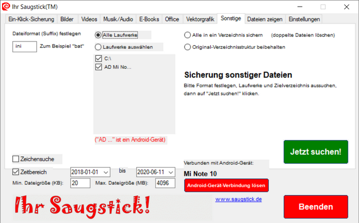 Im Register "Sonstige" legen Sie einzelne Dateiformate für Ihre Suche fest