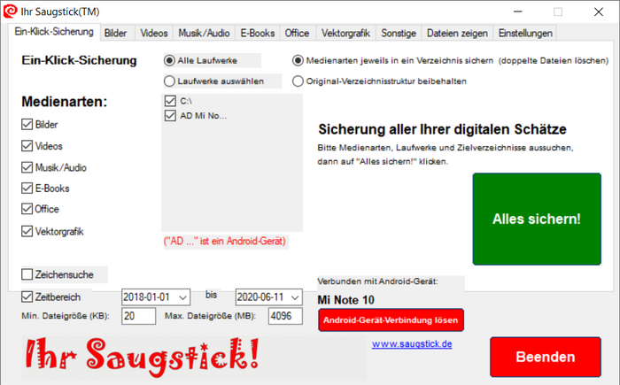 Ein Klick auf "Alles sichern!" lässt die Saugstick-App nach allen Medientypen auf PC und Android-Smartphone suchen und sichern
